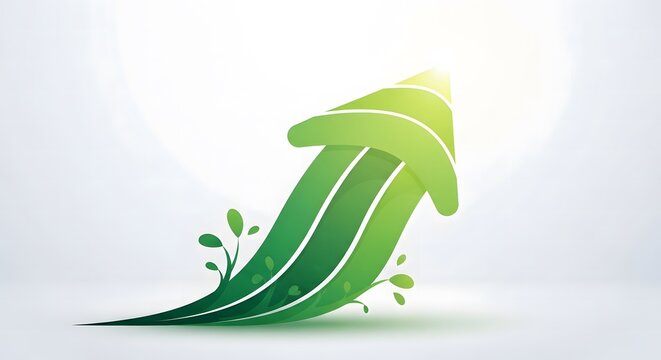 Growth arrow rising upward with green leaves. Eco-friendly business success and financial progress concept