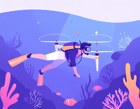 Male diver using underwater propulsion vehicle drone to swim near coral reef flat vector illustration