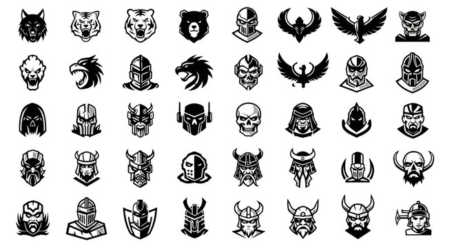 Vector Icon Set: Warrior, Animal, and Mythical Creature Heads for Gaming & Esports
