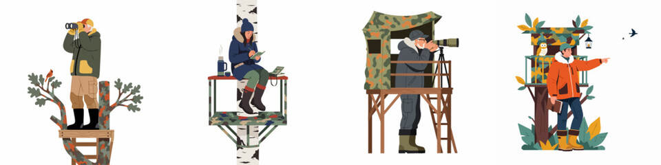 Set of illustrations depicting people birdwatching and observing wildlife from various elevated tree stands and camouflage blinds in the forest. © Muqodimatul