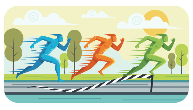 Three colorful athletic runners racing and crossing the black and white finish line tape during a sports marathon.