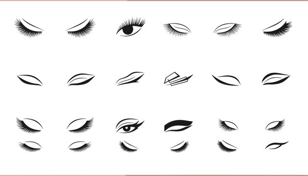 Hand drawn ink sketches of various eye shapes and long eyelashes showcasing different makeup and eyeliner styles.