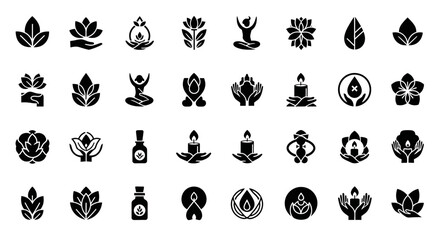 Fototapeta premium Wellness Icons: Lotus, Yoga, Candle, Hands, Droplet, Flower, Oil Bottle