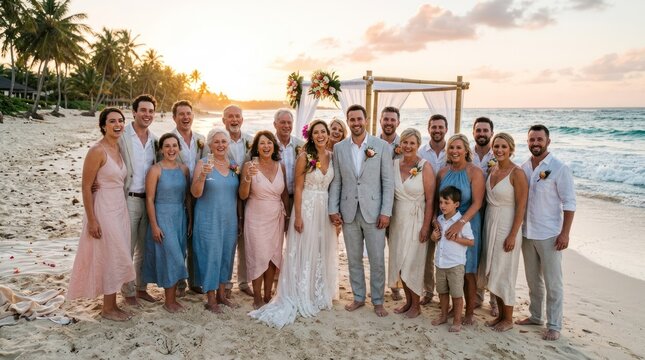 A group of people posing for a wedding photo on a beach at sunset.