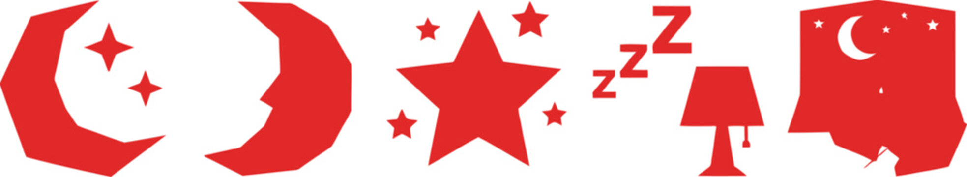 Red sleep icons with moon stars and lamp on white background for bedtime concept