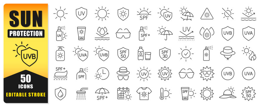 Sun Protection Line Icon Set Featuring 50 Editable Stroke Vector Icons For UV Safety, SPF, Sunscreen, UVA, UVB, Sun Care, Outdoor Protection, And Summer Essentials. Perfect For Apps, Websites, Print, 