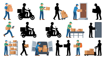 Set of vector collection featuring different delivery courier logistics activities, carrying parcel boxes, scanning shipping packages with handheld barcode scanner © mehdik