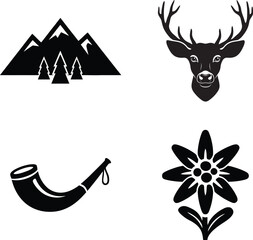Naklejka premium Alpine landscape icons with deer horn and edelweiss flower during mountain sunrise for nature concepts
