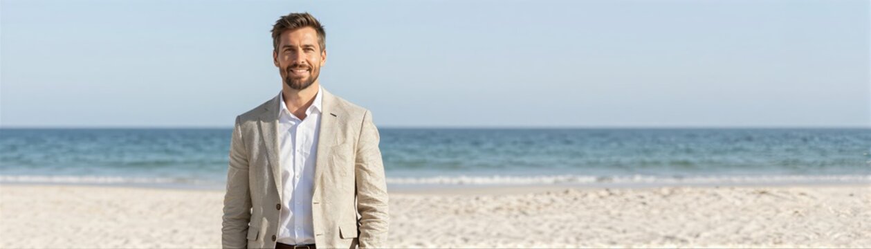 Man Standing On Sandy Beach With Ocean In Background Clear Sky Smiling Broadly Showcasing Teeth Happy Posing For Subject Short Cropped