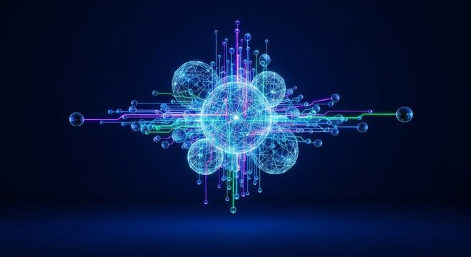 A sophisticated network of glowing geometric lines and translucent glass spheres floating in a deep navy blue space, representing data flow, flow, futuristic, transparency