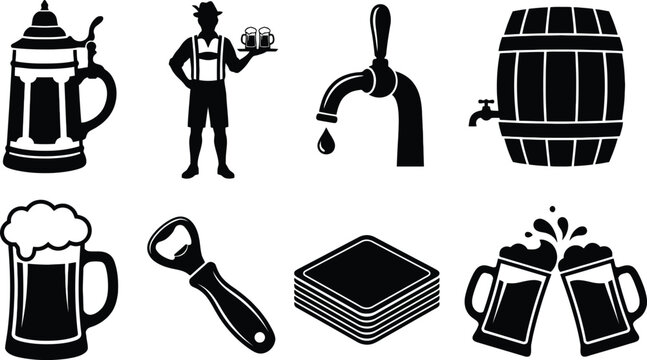 Brewery icons with beer mug and bartender serving drinks during Oktoberfest celebration