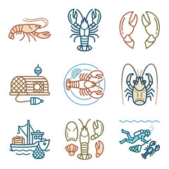 Fototapeta premium Lobster fishing and seafood restaurant icon set
