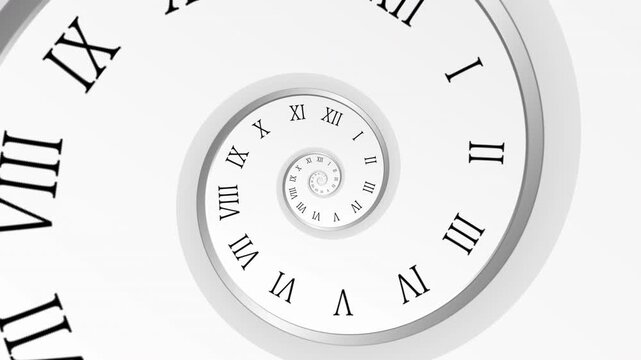 Spiral Clock Animation looed background. Concept of time travel, Present, Past, Future, infinity concept of time travel. Full HD. 4K