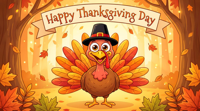 Festive thanksgiving day illustration cartoon turkey with autumn leaves and banner
