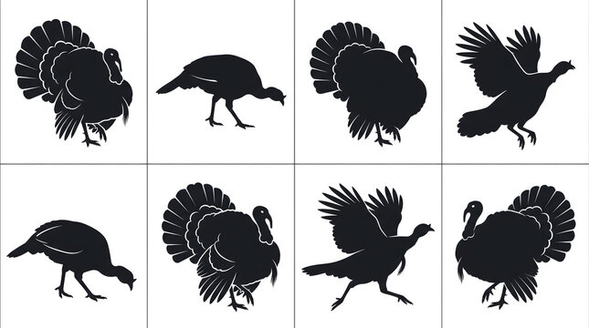 Thanksgiving day turkey silhouettes vector illustrations for festive autumn decorations and holiday graphics