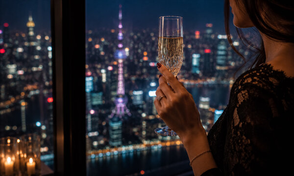 Elegant Woman Holding Champagne Glass with Luxury Night City Skyline View, Sophisticated Female Enjoying Champagne in High Rise Apartment Overlooking Illuminated Metropolis at Night