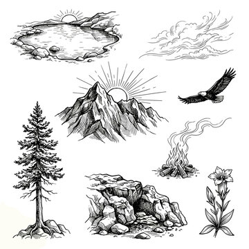 Hand drawn black ink sketch of mountain sunset with peak, pine tree, eagle and campfire isolated on white background