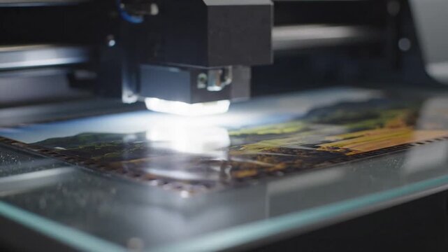 Gloved hands monitor a large format print in progress