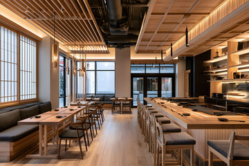 Fototapeta premium Modern Fusion Izakaya Interior with Warm Ambiance and Traditional Design Elements for Dining Experience