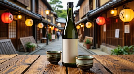 Obraz premium Japanese sake bottle stands on wooden table with two ceramic cups. Traditional street features glowing paper lanterns in background. Evening scene displays oriental atmosphere at local pub