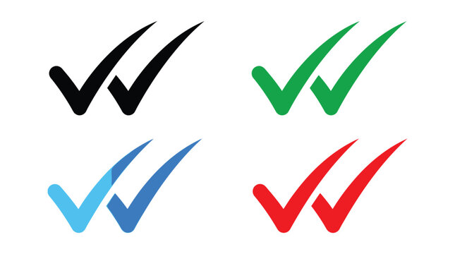 Double check mark tick symbol icon set in black, green, blue and red color variations