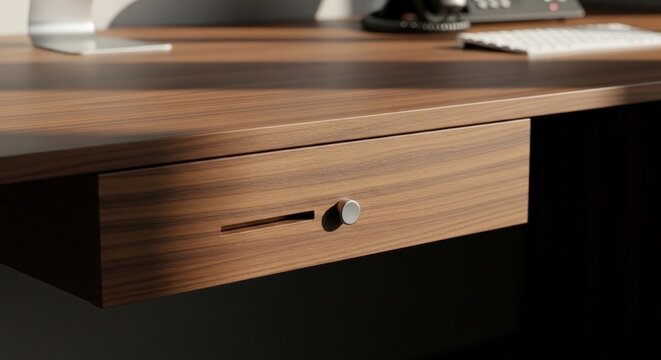 Close-up of a wooden desk drawer with a silver handle indoors