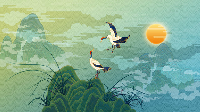 Oriental-style illustration, traditional Korean folk painting. Background featuring a crane. Red-crowned crane