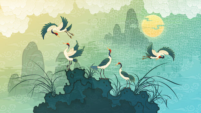 Oriental-style illustration, traditional Korean folk painting. Background featuring a crane. Red-crowned crane