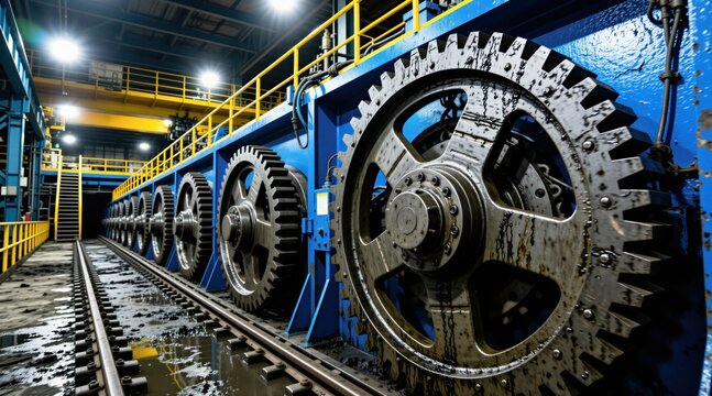 Heavy industrial gear machinery operates inside underground mining facility. Large mechanical cogs turn on steel rails at factory production site. Pro mining equipment extracts raw mineral ore from