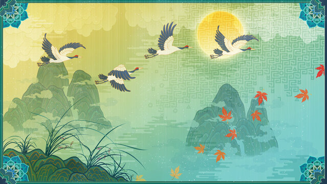 Oriental-style illustration, traditional Korean folk painting. Background featuring a crane. Red-crowned crane