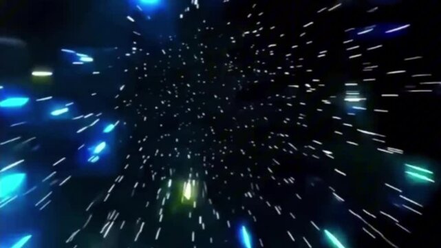 Futuristic Light Speed Warp Effect with Blue and White Glowing Particles in Deep Space Background 4K