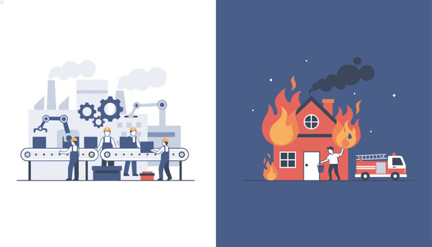 Dual comparison illustration representing industrial mass production lines versus a tragic neighborhood house fire rescue.