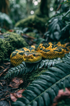 Yellow Snake Coiled Across Mossy Forest Floor Blending Perfectly With Ferns Through Natural Tropical Rainforest Camouflage