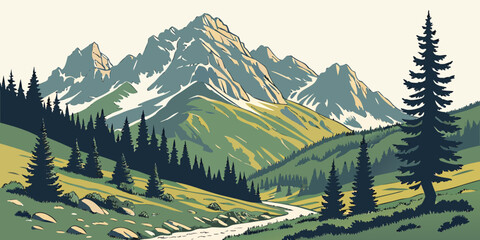 Mountain landscape with snow-capped peaks and pine forests pine trees © AD