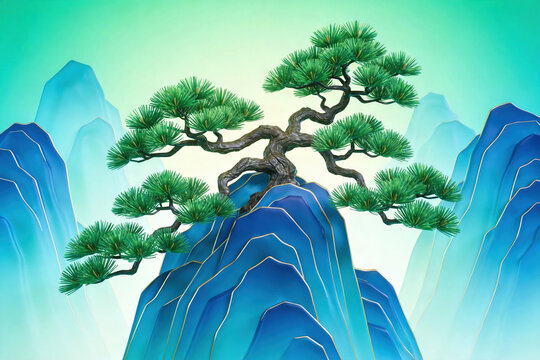 Chinese Pine Tree On Blue Layered Mountain Landscape