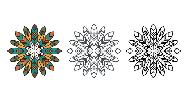 Set of circular feather mandala ornaments in various styles