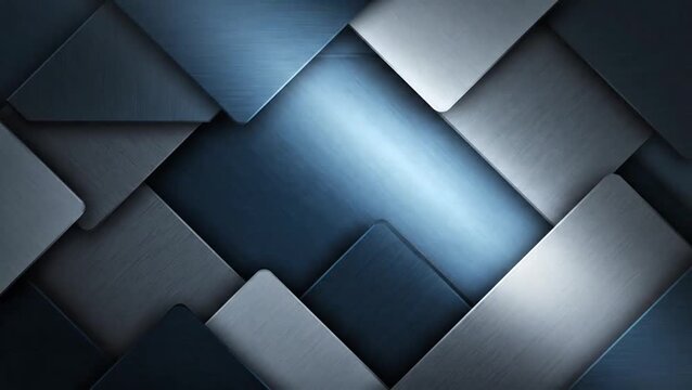 Abstract geometric pattern with overlapping squares and rectangles in metallic blue, grey, and white tones, creating a modern textured background.