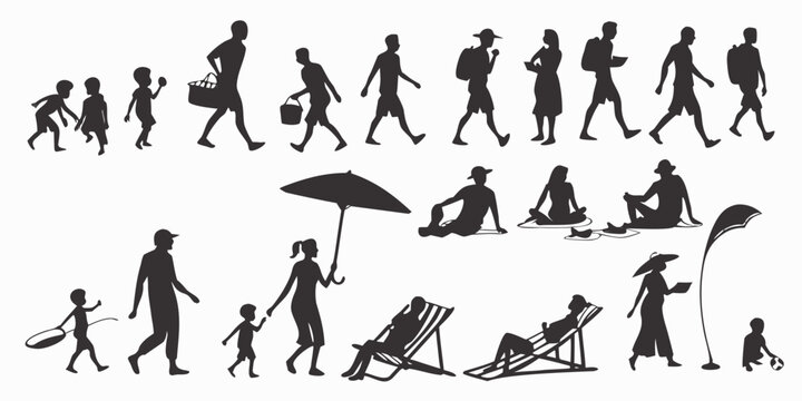 Black silhouette of people enjoying beach vacation activities silhouettes umbrella