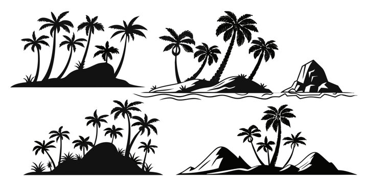 Tropical island silhouettes with palm trees and mountains on white background, palm tree silhouette, mountain silhouette