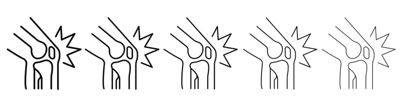 Knee bone pain outline icon set in five stroke weights. Osteoporosis medical vector graphic sign.