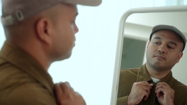 Close-up Man getting dressed in front of a mirror in a modern dressing room. Morning routine men's fashion, capsule wardrobe, personal grooming. Self-confidence and lifestyle concept.
