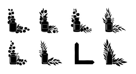 Fototapeta premium Black silhouette collection of essential oil bottles with plant corners
