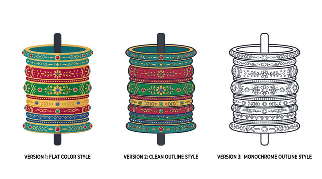 Set of traditional colorful bangles in three different graphic styles