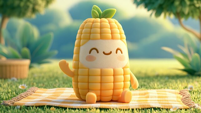 Cute cartoon corn character sitting on a picnic blanket in a sunny meadow. Ideal for children's food advertising and.