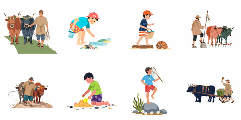 Fototapeta premium Collection of flat vector illustrations featuring traditional farmers with oxen and children enjoying various summer activities at the beach.