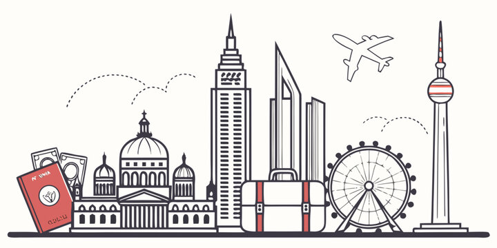 Iconic city skyline with landmarks, hot air balloon, and vintage travel poster eiffel tower big ben clock tower