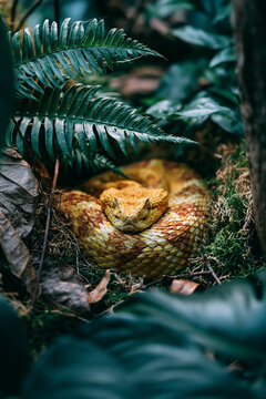 Yellow Snake Coiled Around Forest Branch Surrounded By Tropical Leaves With Brilliant Camouflage And Vibrant Natural Coloration