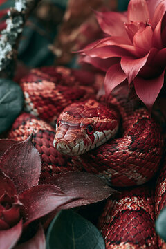 Red Snake Curled Within Evergreen Branches Displaying Glossy Scales Rich Woodland Camouflage And Peaceful Natural Forest Habitat