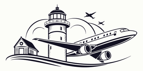 Vintage travel badge with hot air balloon, airplane, and landmarks silhouette vintage badge © AD