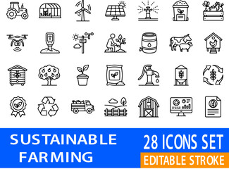 Sustainable farming icons depict modern agriculture and eco-friendly. © Hasal